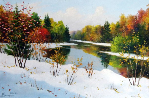 Картины маслом природы пейзажи закаты зима весна лето