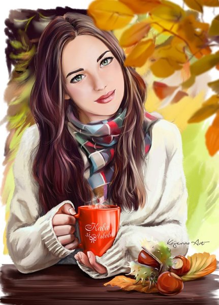 Нарисованные девушка и осень