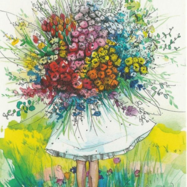 девушка с букетом рисунок
