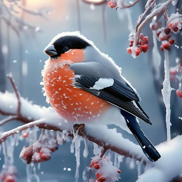 зимний пейзаж со снегирями