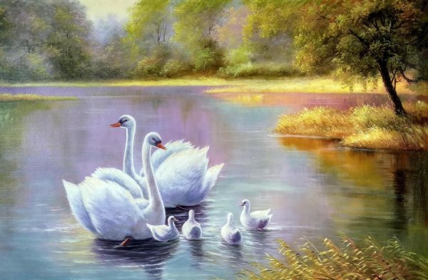 пейзаж с лебедями