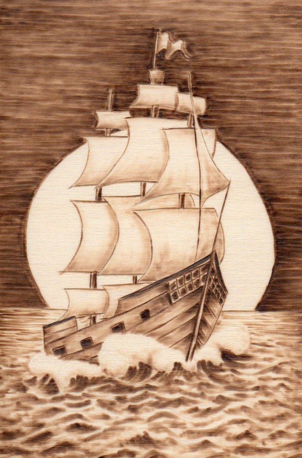 выжигание по дереву корабль