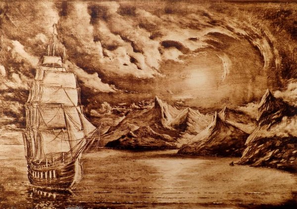 выжигание по дереву корабль