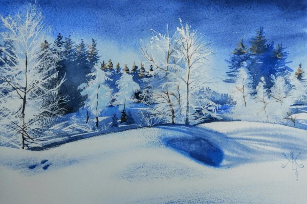 зимний лес гуашью