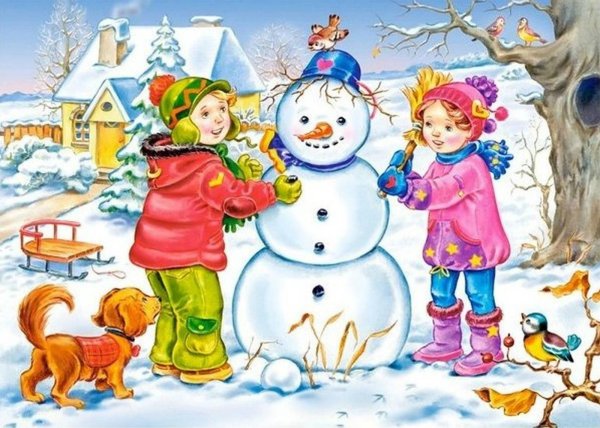 дети лепят снеговика