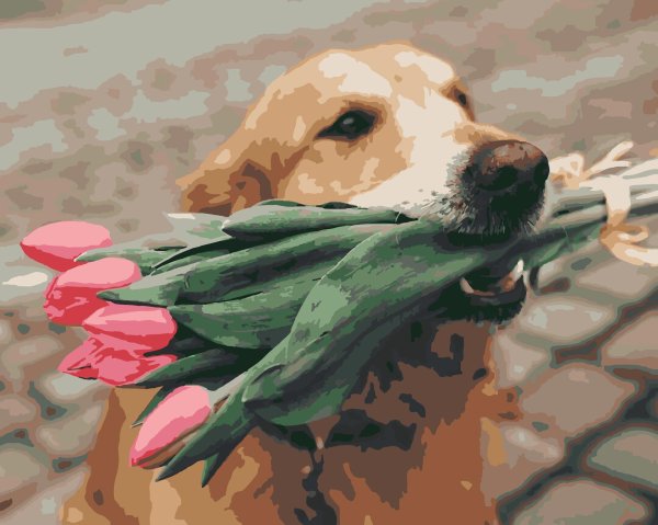 собачка с цветком в зубах