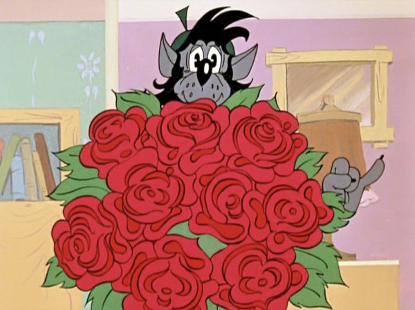 волк дарит зайцу букет