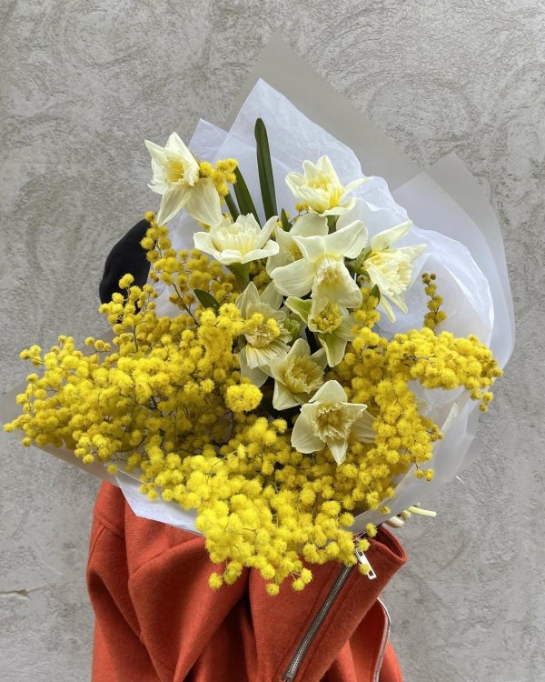 букеты из нарцисс и мимозы