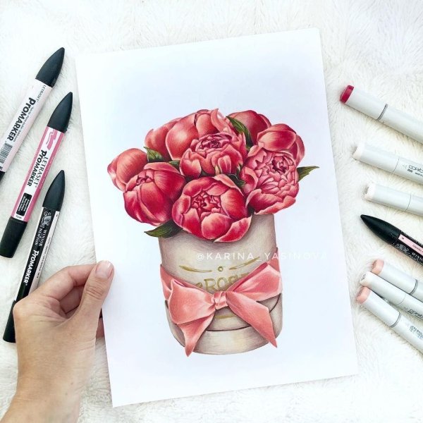 пионы скетчинг акварель