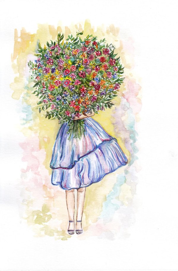 открытка девочка с цветами акварель