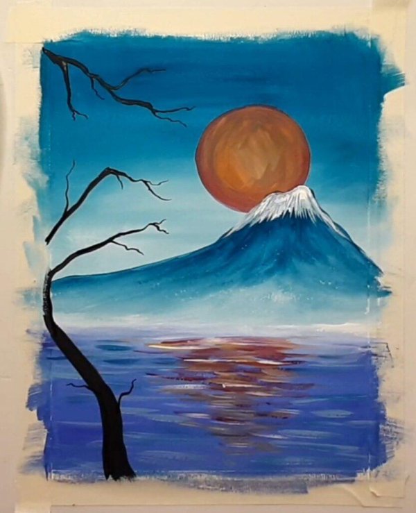 простой пейзаж гуашью солнце японии