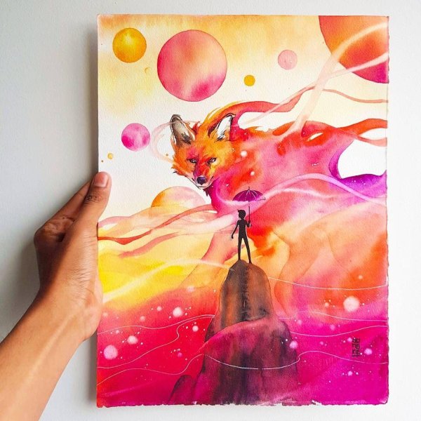 лиса акварель