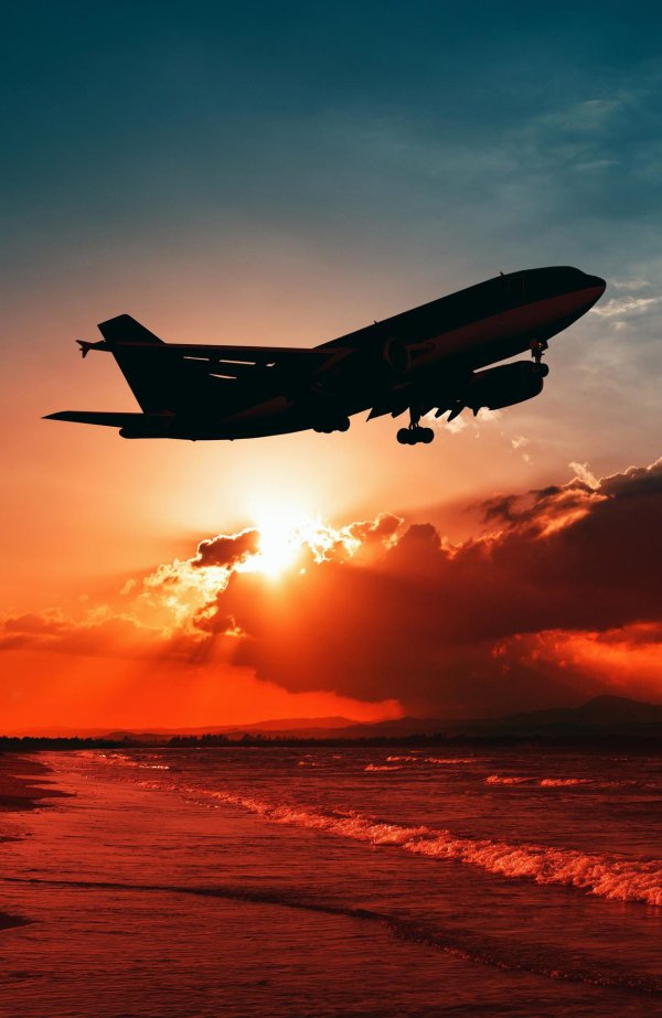 картина самолёт на закате
