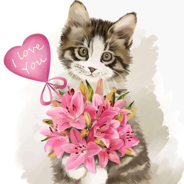 котенок дарит цветы