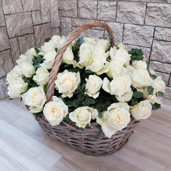 белые розы в корзинке