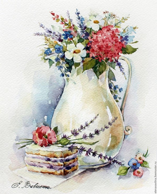 натюрморт с цветами акварелью