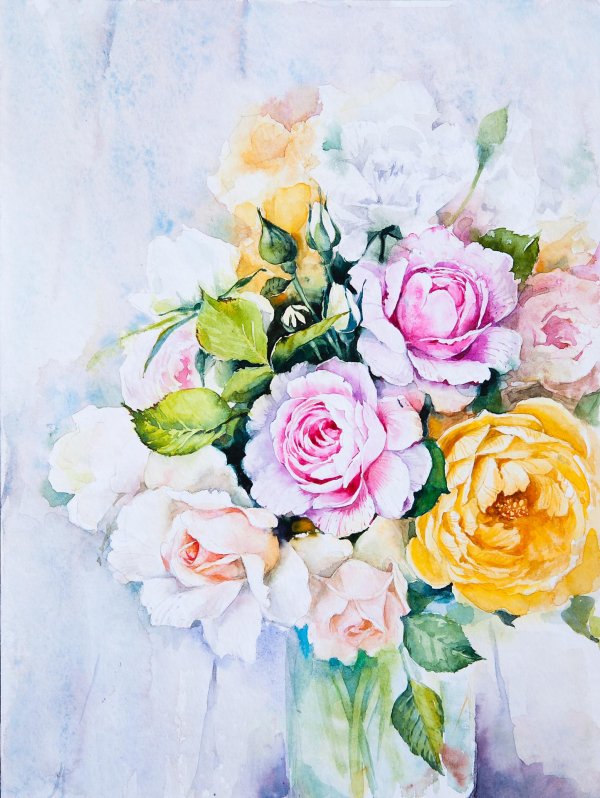 букет роз акварелью
