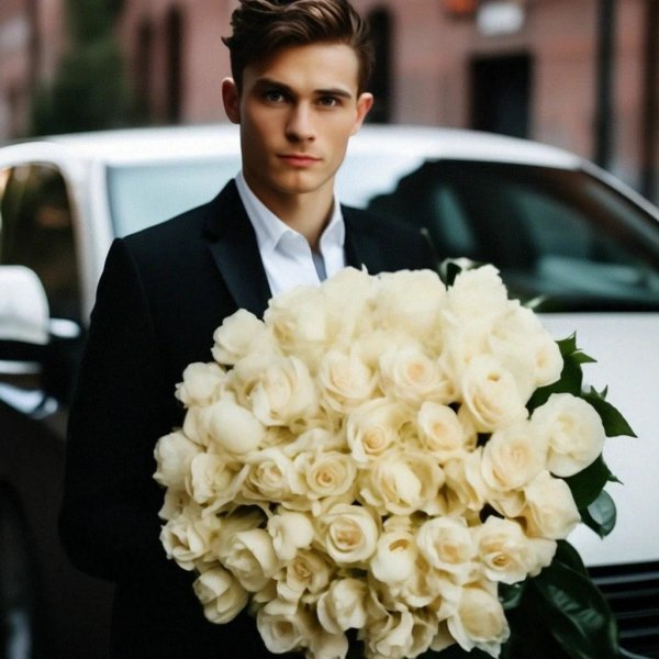 мужчина с букетом