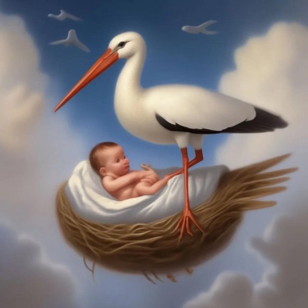 аист несёт младенца
