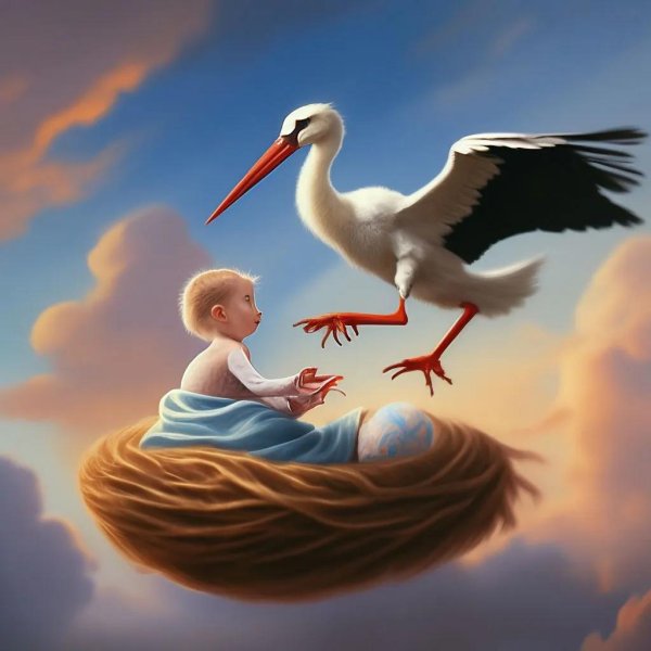 аист несёт младенца