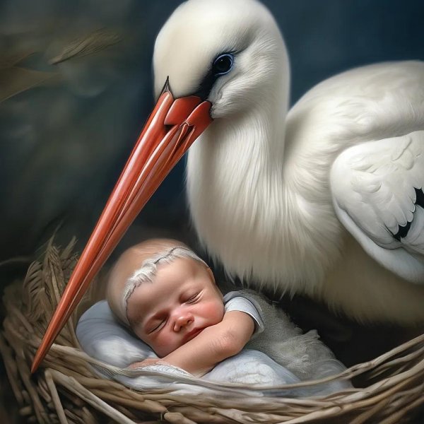 аист несёт младенца