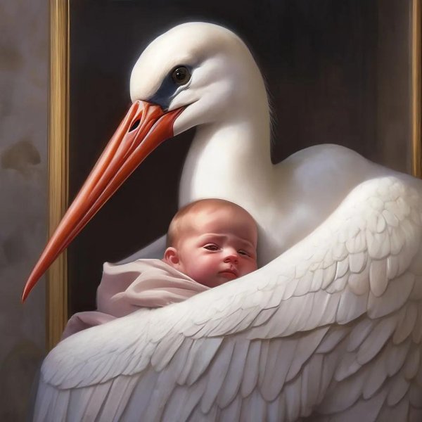 аист несёт младенца