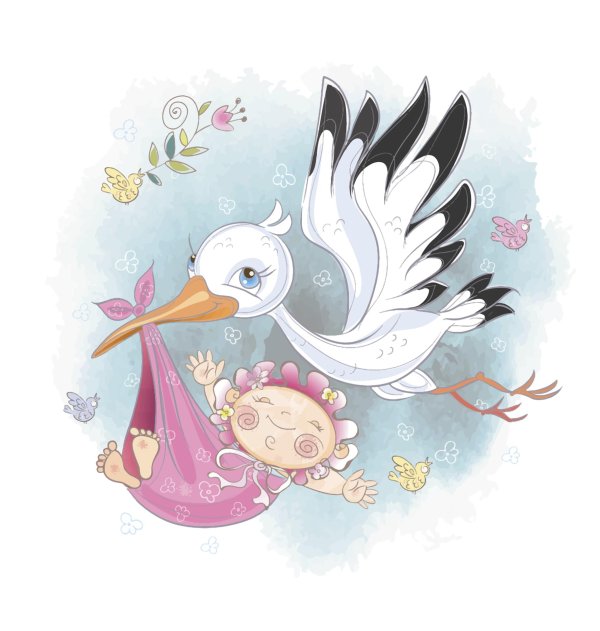 аист несет девочку