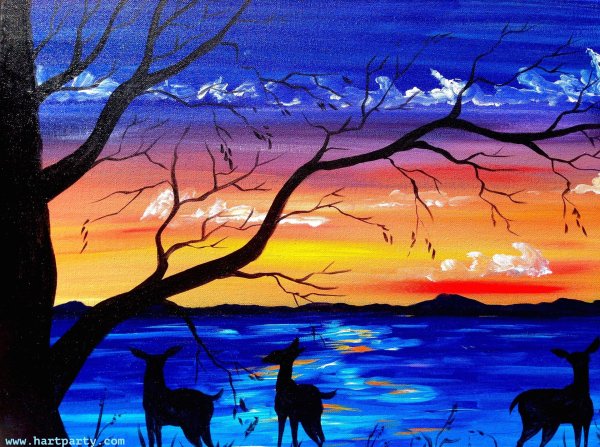 рисунок заката красками