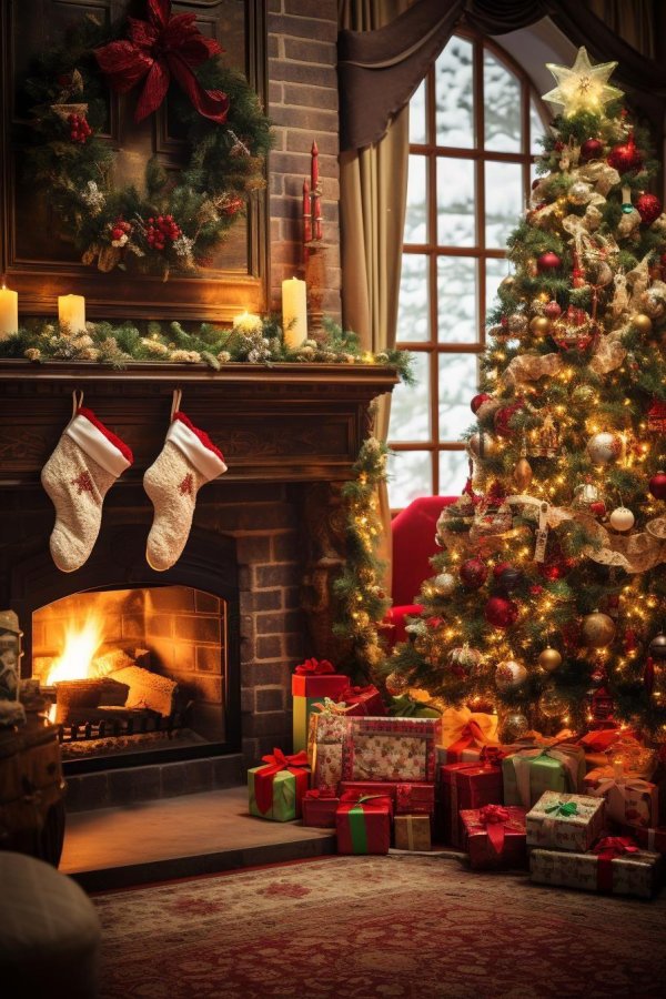 камин елка новый год