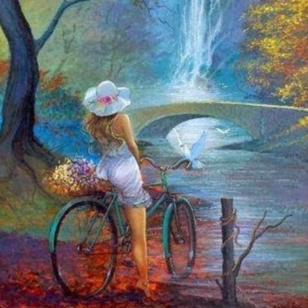 картина девушка на велосипеде