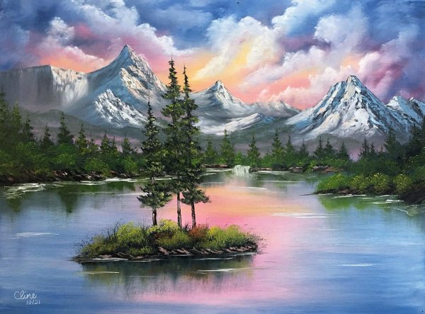 живопись bob ross горная река