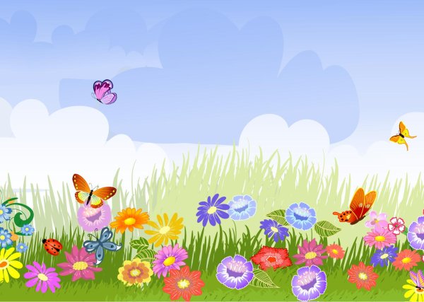 лужайка с цветами и бабочками