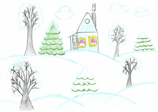 Зима для детей карандашом