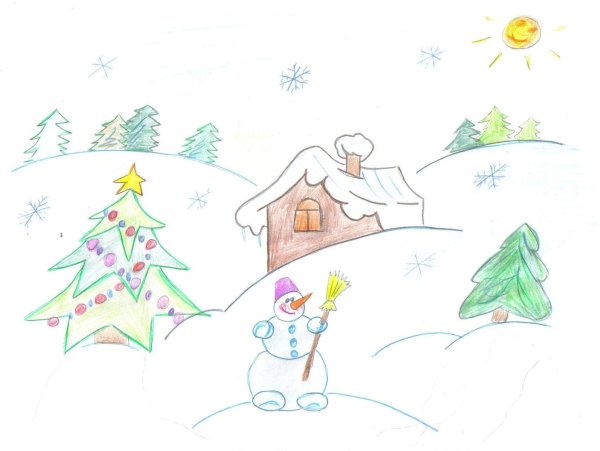 Зима для детей карандашом