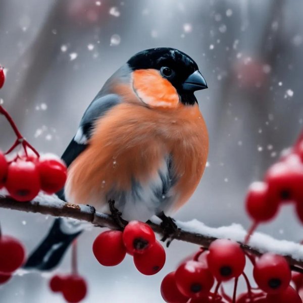 Зима рябина снегири