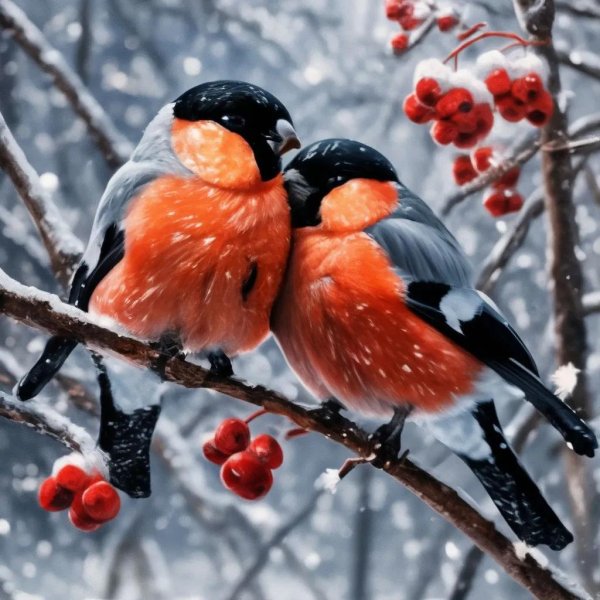 Зима рябина снегири