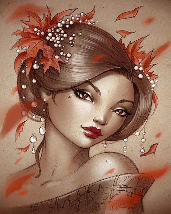 Девушка осень нарисованные