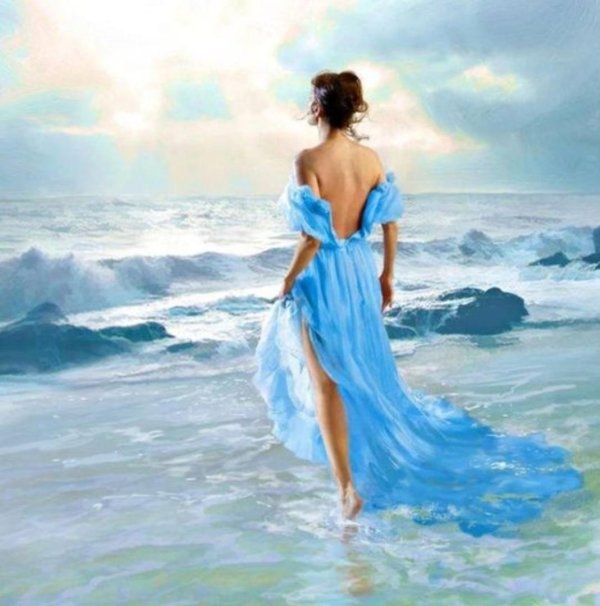 Девушка и море нарисованные