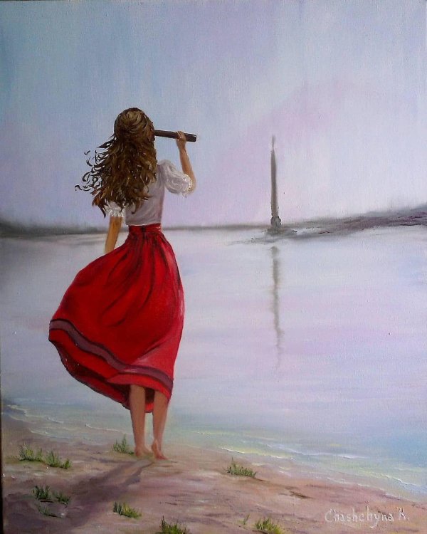 Девушка и море нарисованные