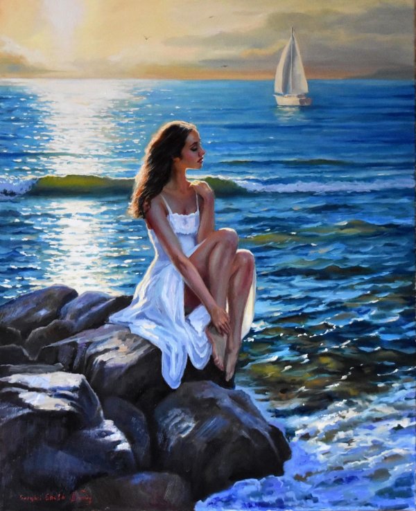 Девушка и море нарисованные