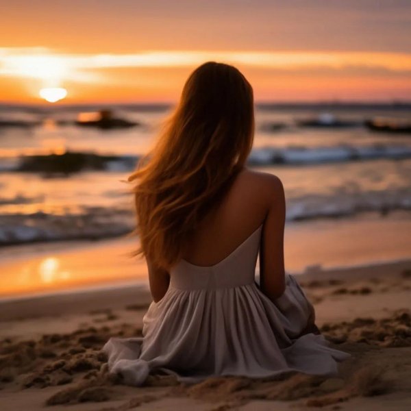 Девушка на берегу моря спиной