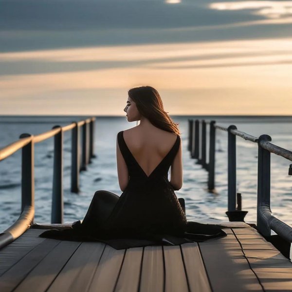 Девушка на берегу моря спиной