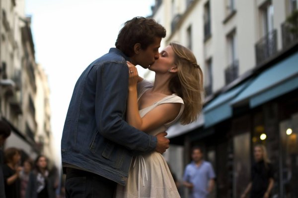 Любовь парень и девушка целуются