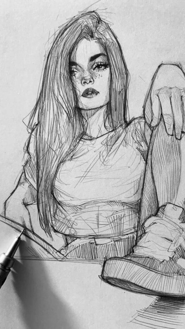 С девушками нарисованные карандашом