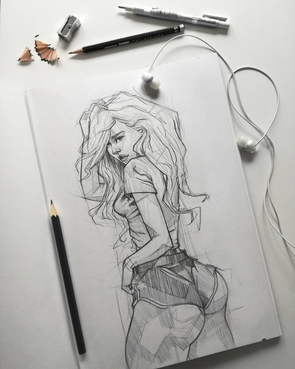 С девушками нарисованные карандашом