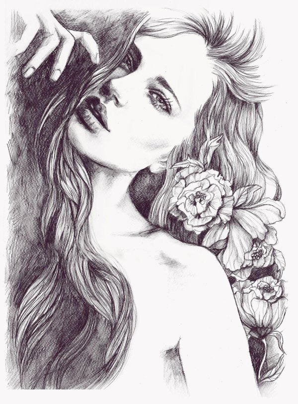 С девушками нарисованные карандашом