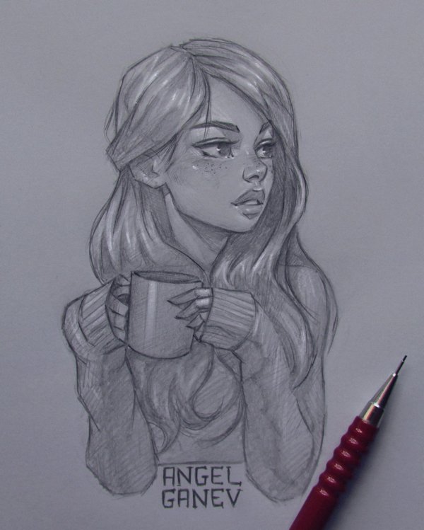 С девушками нарисованные карандашом