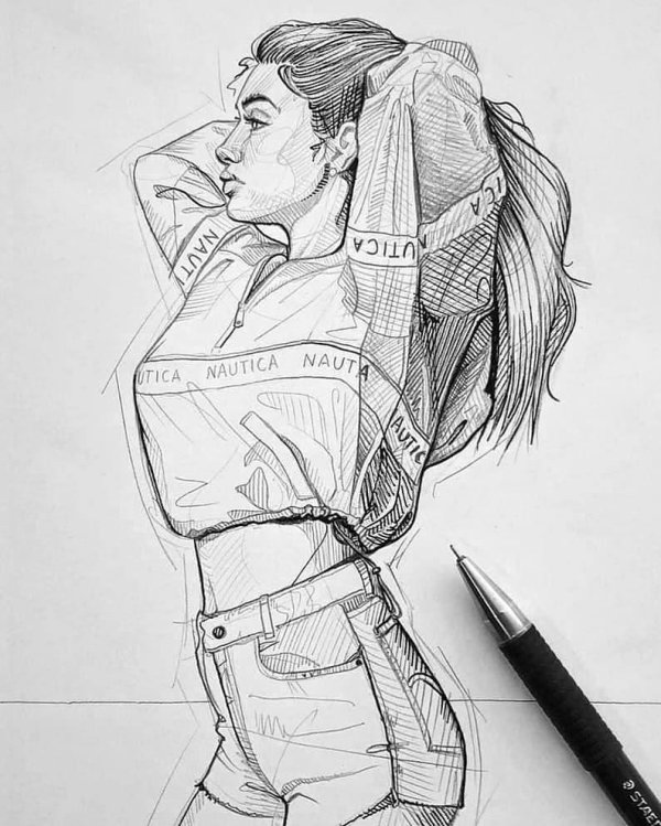 С девушками нарисованные карандашом