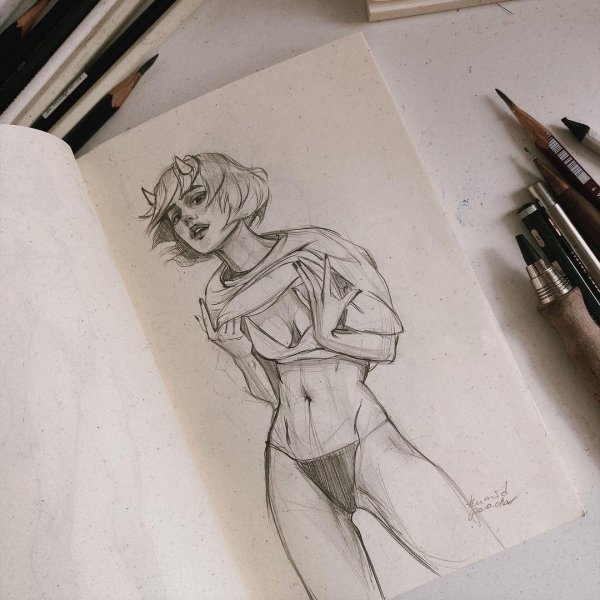 С девушками нарисованные карандашом