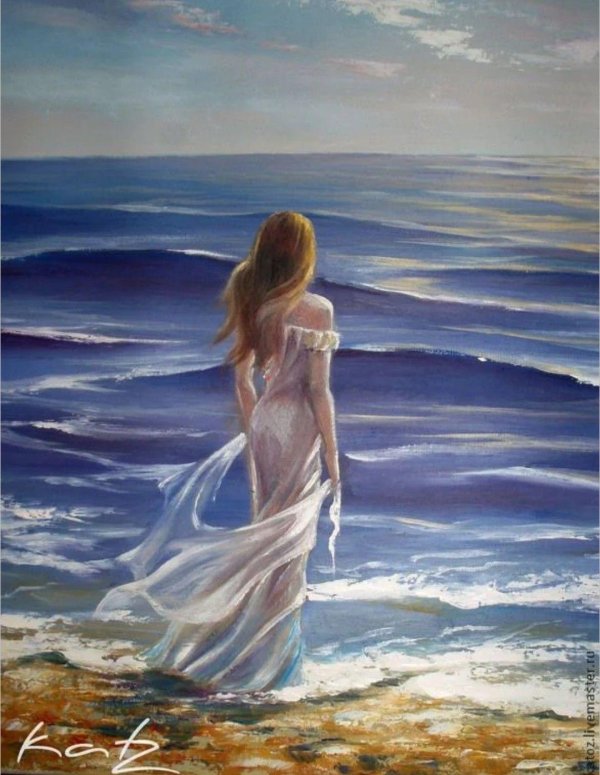 Девушка на берегу моря нарисованные